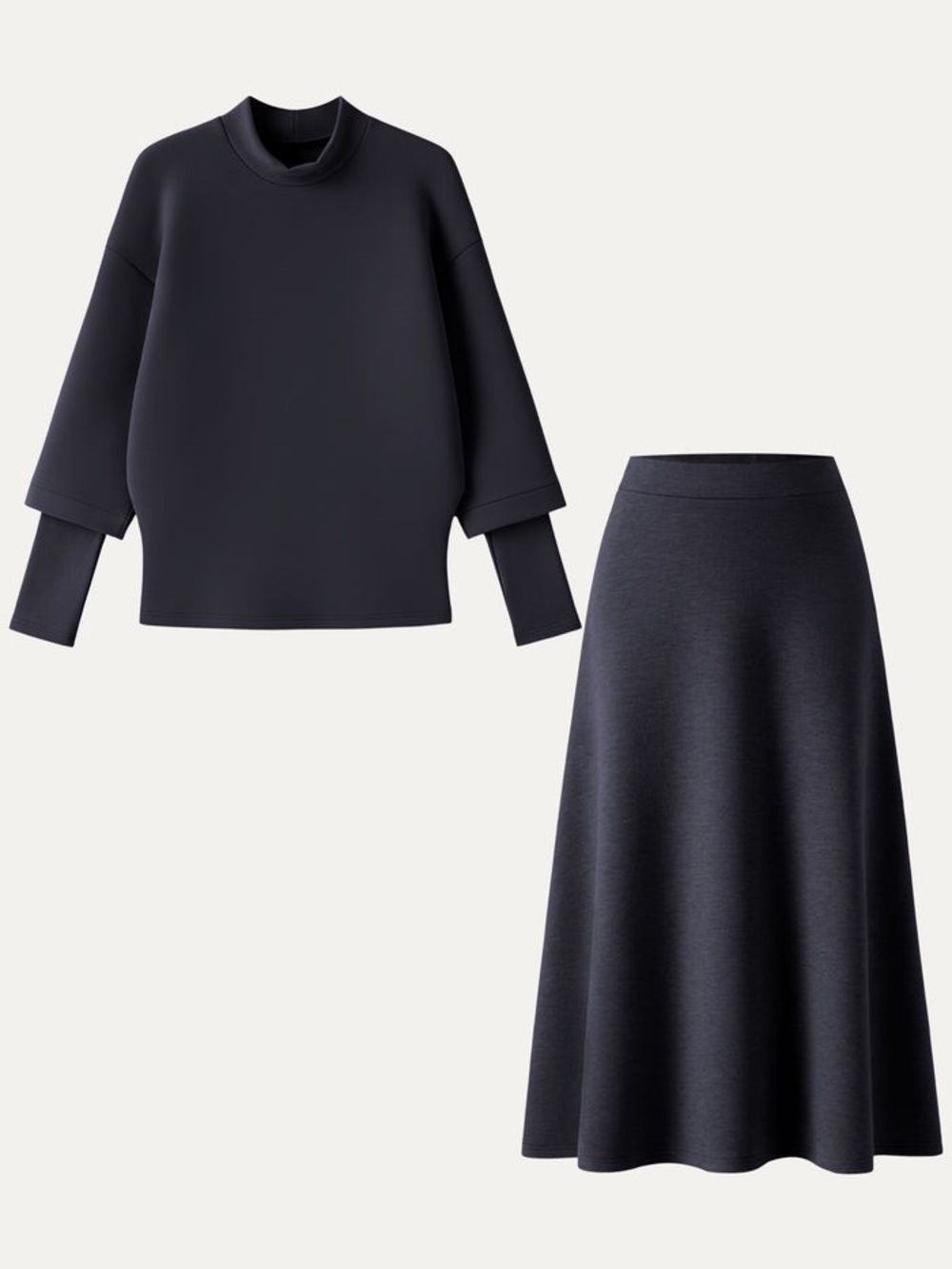 OGL 2Pcs Set FuzzLuxe Mockneck Sleeve-Warmer Top & Midi A-line Circle Skirt, M